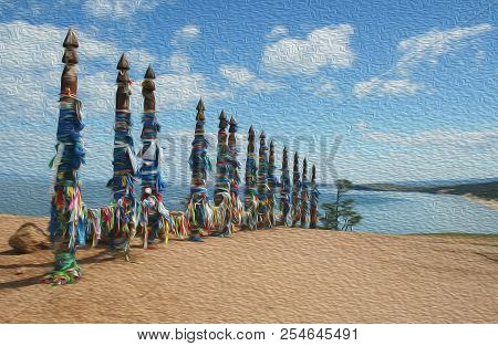 Vivid Colored Ribbons Hadak Tied On Posts Of Wish. Wooden Ritual Pillars. Sacred Place Of Buddhist S