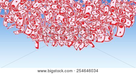 British Pound Notes Falling. Messy Gbp Bills On Blue Sky Background. United Kingdom Money. Beautiful
