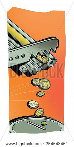 Incomes From The Metallurgical Industry. The Saw Cuts Metal Pipes Onto Coins Of Russia. Coins Are Fo