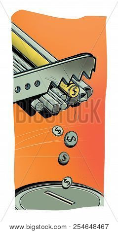 Incomes From The Metallurgical Industry. The Saw Cuts Metal Pipes Onto Coins Of Dollar. Coins Are Fo