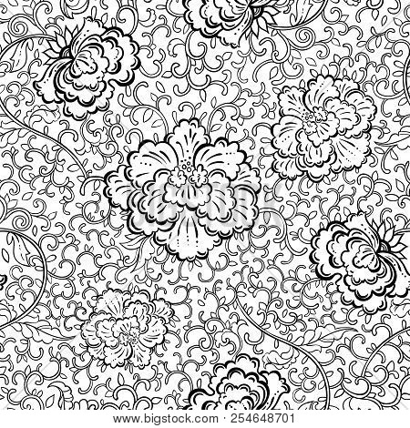 Beautiful Seamless Floral Pattern. Vintage Hand-drawn Vector Background With Oriental National Motif
