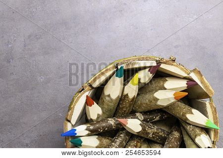 Back To School And Education Banner With Colorful Pencils, Frame Of Multicolored Pencil On Grey Back