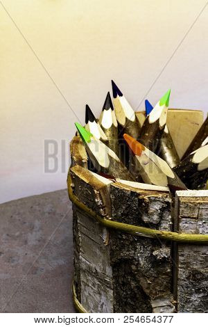 Back To School And Education Banner With Colorful Pencils, Frame Of Multicolored Pencil On Grey Back