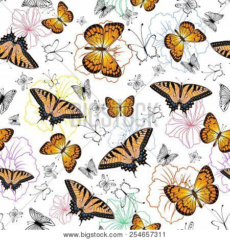 Illustration Of Seamless Pattern With Swallowtail, Silverspot Butterflies And Flowers Isolated