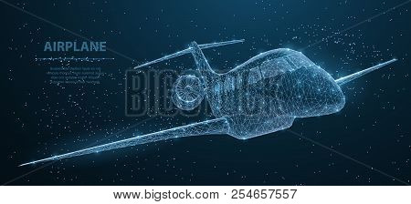 Airplane. Abstract 3d Polygonal Wireframe Airplane On Blue Night Sky With Dots And Stars.
