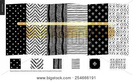 Hand Drawn Patterns - A Group Set Of Six Abstract Seamless Patterns - Black, Gold And White. Verticl