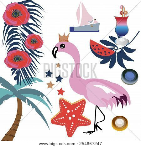 Tropical Vector Set With Pink Flamingos, Palm Leaves And Flowers. Jungle Leaves And Watermelon, Palm