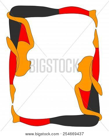 Two Flexible Girls Engaged Gymnastics. Vector Hand Drawing Red, Black And Yellow Frame.