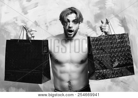 Bearded Man, Short Beard. Caucasian Surprised Sexy Macho Man With Moustache Shows Six Packs And Abs 