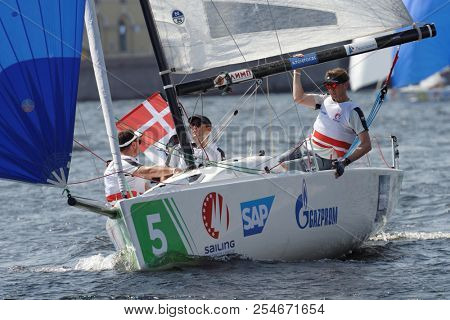 ST. PETERSBURG, RUSSIA - AUGUST 3, 2018: Team Frederikshavn Sejlklub from Denmark compete in Semifinal 2 of Sailing Champions League. 25 sailing teams participate in the competitions