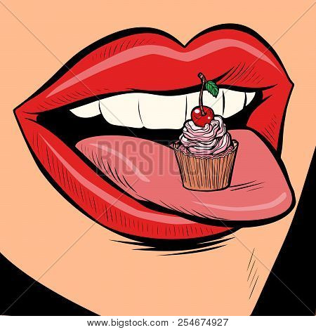 Capkake Female Tongue Mouth. Comic Cartoon Pop Art Retro Vector Illustration Drawing