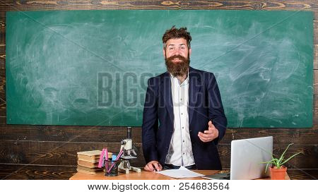 Telling Educational Stories. Teacher Bearded Man Tell Interesting Story. Teacher Interesting Interlo