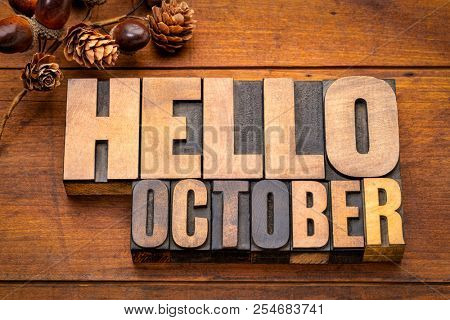 Hello October - word abstract in vintage letterpress wood type blocks against grunge wooden background with a fall decoration