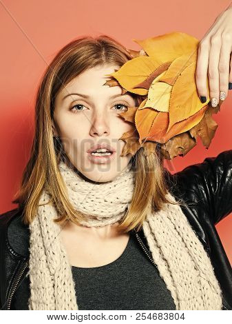 Fashion Model With Stylish Hair In Scarf. Girl With Orange Leaves On Orange Background. Season And A