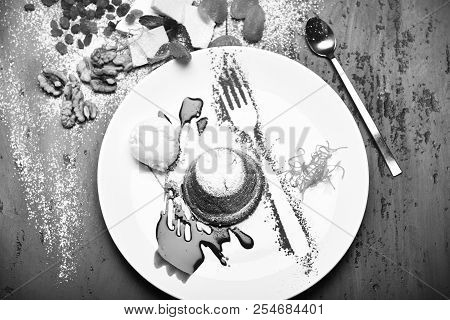 Concept: Restaurant Menu, Healthy Eating, Homemade And Gourmands. White Plate With Chocolate Fondant
