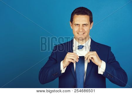 Manager, Handsome Man Or Successful Businessman Smiling With Bank Or Business Card In Stylish Formal