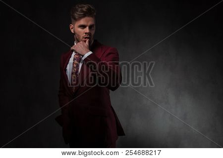 portrait of pensive elegant man looking seductively to side while standing on grey wallpaper background