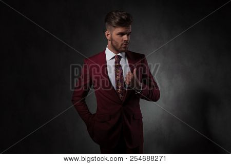 portrait of relaxed man in grena suit looking to side while standing on grey wallpaper background, holding his suit collar