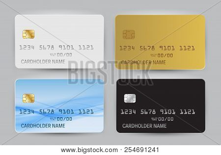 Black, White, Gold And Blue Wave Bank Card Blank Model Template Top View With Shadow Isolated On Tra