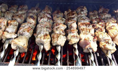 Grilled Gourmand Chicken Skewers. Juicy Roasted Chicken Skewers, Made Of White Meat And Bacon, Being