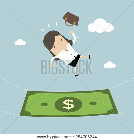 Businesswoman Falling Into A Money Banknote. Business Concept.