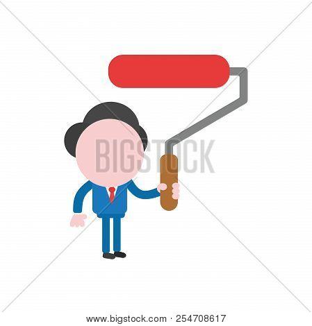 Vector Illustration Concept Of Businessman Character Holding Red Paint Brush Roller Icon.