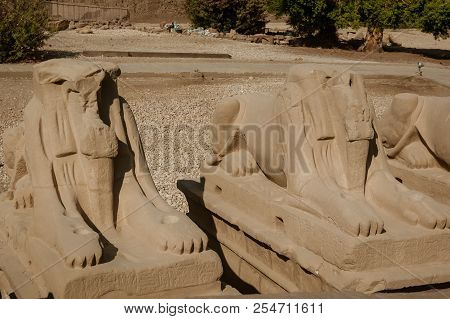 Ram Head Sphinxes And Statue In Abu Simbel Temple Of Egypt