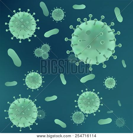 Realistic Virus Under Microscop On Green Backgorund. Bacteria Virus, Microorganism Cells. 3d Vector 