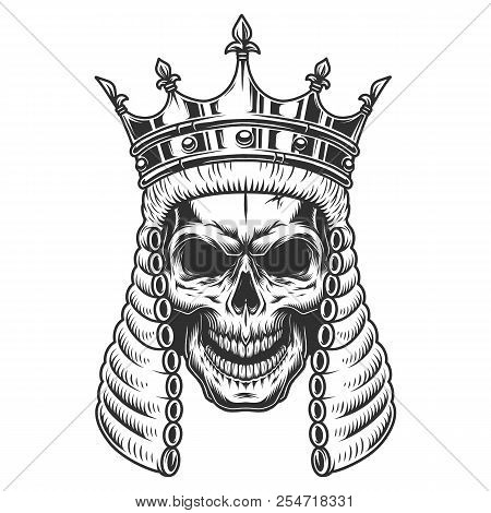 Skull In The Judge Wig And Crown. Vector Illustration