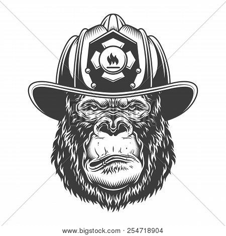 Serious Gorilla In Monochrome Style In Firefighter Helmet. Vector Illustration