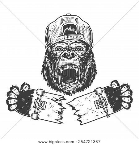 Angry Gorilla Cracked Skateboard. T-shirt Print. Vector Monochrome Illustration