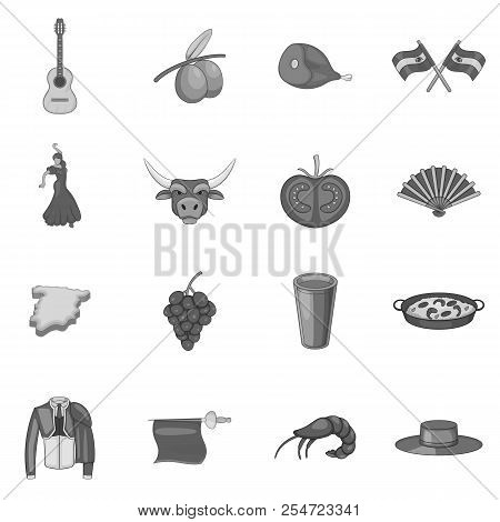 Spain Icons Set. Gray Monochrome Illustration Of 16 Spain Icons For Web