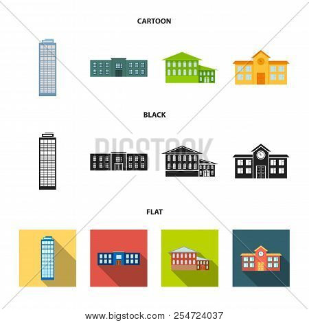 Skyscraper, Police, Hotel, School.building Set Collection Icons In Cartoon, Black, Flat Style Vector