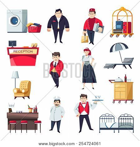 Hotel Service Personnel And Interior Furniture. Vector Cartoon Characters Of Security Man