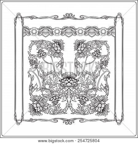 Frame In Art Nouveau Style With Thistle. Outline Drawing.