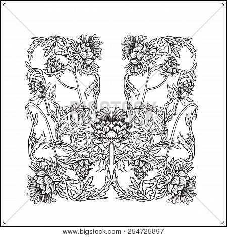 Frame In Art Nouveau Style With Thistle. Outline Drawing.