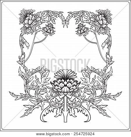 Frame In Art Nouveau Style With Thistle. Outline Drawing.