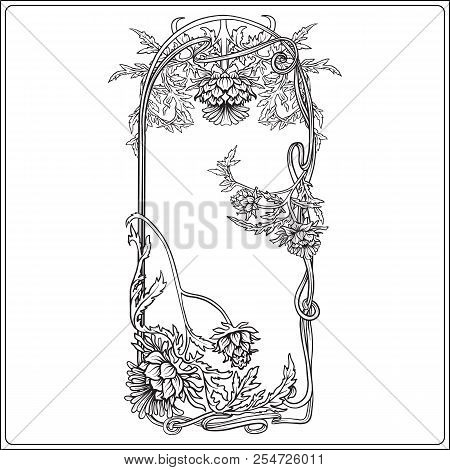 Frame In Art Nouveau Style With Thistle. Outline Drawing.