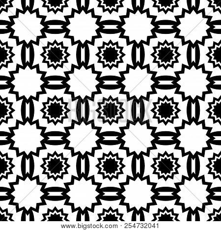 Black And White Seamless Pattern Of Stars And Lines.