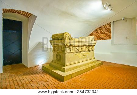 Krakow, Poland - June 11, 2018: The Stone Carved Sarcophagus Of Witold Szeliga Bielinski Located In 