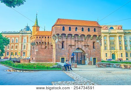 Krakow, Poland - June 11, 2018: The Medieval Barbakan Was The Outer Defensive Structure Of The City,