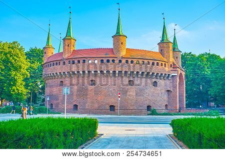 Krakow, Poland - June 11, 2018: Barbakan Is The Huge Circular Fortress With Small Turrets Was The Ga