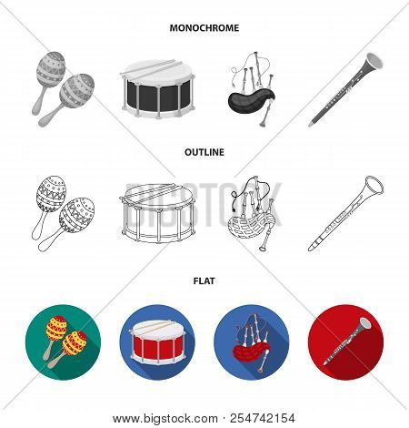 Maracas, Drum, Scottish Bagpipes, Clarinet. Musical Instruments Set Collection Icons In Flat, Outlin