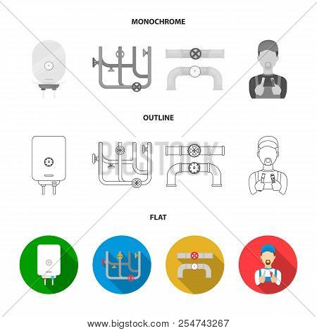 Boiler, Plumber, Ventils And Pipes.plumbing Set Collection Icons In Flat, Outline, Monochrome Style 