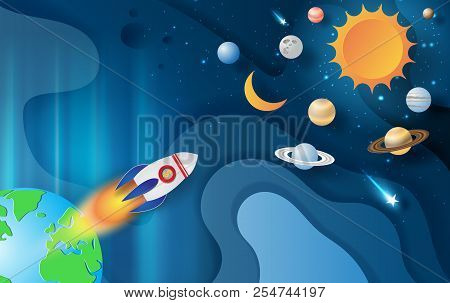 Paper Art And Craft Of Rocket Flying With Space Galaxy On Abstract Curve Shape Blue Sky Background,s