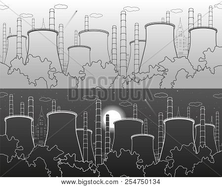 Industry Illustration. Factory Thermal Power Plant. Urban Scene. Pipes And Smoke. White And Gray Lin