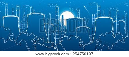 Industry Illustration. Factory Thermal Power Plant. Urban Scene. Pipes And Smoke. White Lines On Blu