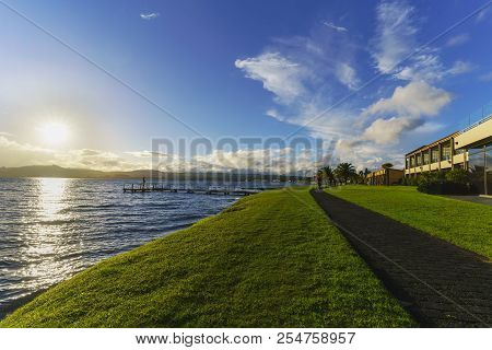 Taupo , New Zealand - April 14 , 2017 : Peolple Relaxing And Having Activities Around Lake Taupo In 