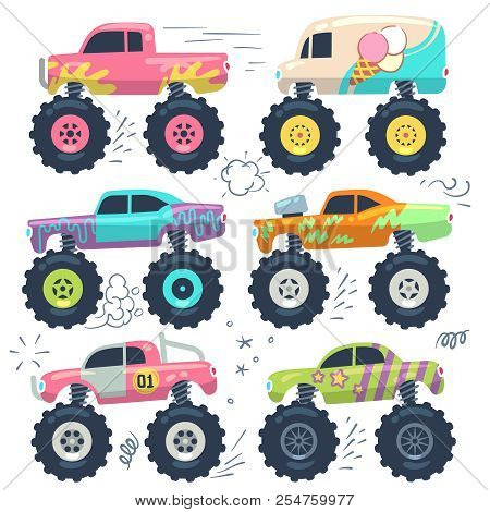 Monster Trucks. Kids Car Toys. Cartoon Vector Set Transport Heavy, Automobile Monster, Auto Car Powe