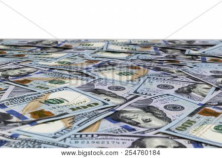 Stack Of One Hundred Dollar Bills Isolated On White Background. Stack Of Cash Money In Hundred Dolla
